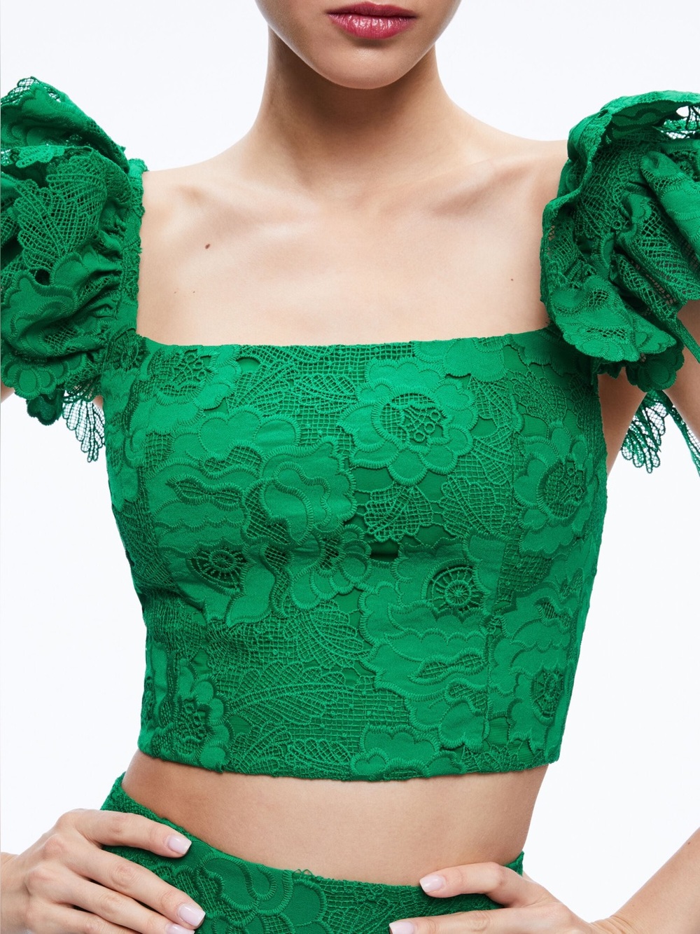 ALICE + OLIVIA TAWNY EYELET SQUARE NECK CROP TOP DEEP SAGE